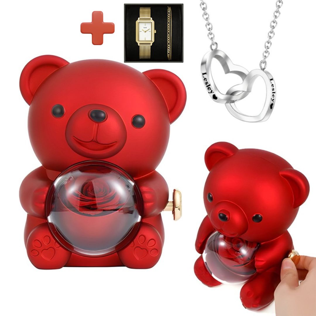 Engraved Heart Necklace With Real Rose Bear Gift Box