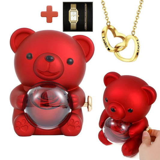 Engraved Heart Necklace With Real Rose Bear Gift Box